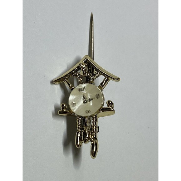 Vintage Gold Tone Cuckoo Clock Pearlized Face Teeny Brooch Pin - Picture 8 of 12